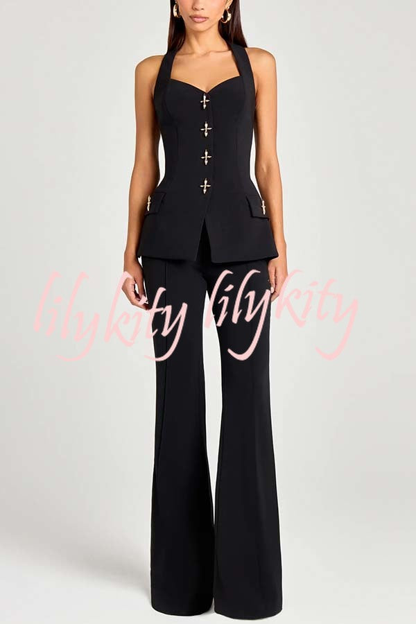 Women Power Metal Cross Snap Button Sweetheart Neck Wide Strap Vest