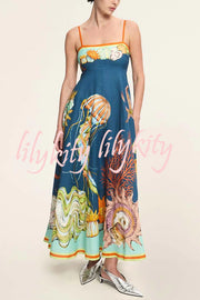 Linen Blend Unique Print Suspenders Back Pleated Pocket Resort Style Maxi Dress