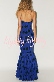 Eliora Mesh Polka Dot Print Gathered Bust Layered Fishtail Hem Maxi Dress