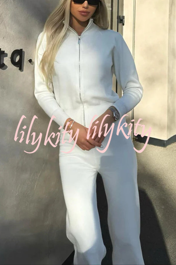 Cozycore Knit Zipper Long Sleeve Cardigan and Stretch Wide Leg Pants Set