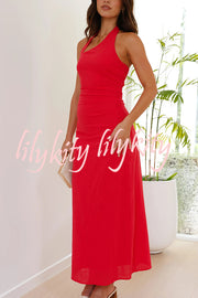 Solid Color Sleeveless Halter Neck Backless Slim Fit Maxi Dress