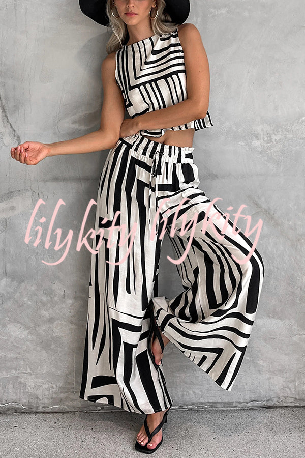 Striped Printed Sleeveless Casual Top and Elastic Waist Loose Pocket Wide-leg Pants Set
