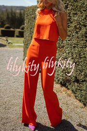 Modern and Elegant Solid Crop Tank and High Rise Flare Loose Pants Set