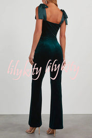 Merlot Sippin' Velvet Shoulder Tie Flare Stretch Jumpsuit