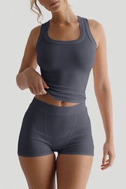 Fashionable Sports Yoga Style Sleeveless Square Neck Top and Elastic Slim Shorts Set