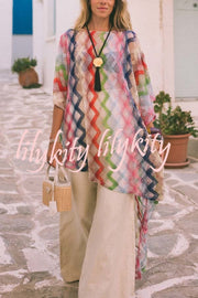 Sun Washed Knit Colorful Zigzag Pattern Asymmetric Hem Loose Cover-ups Kaftan