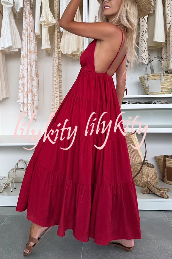 Bohemian Style V-neck Backless Slip Layered Vacation Maxi Dress