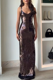 Dazzling Like Flowing Water Sequin V-neck Back Zipper Slit Maxi Dress