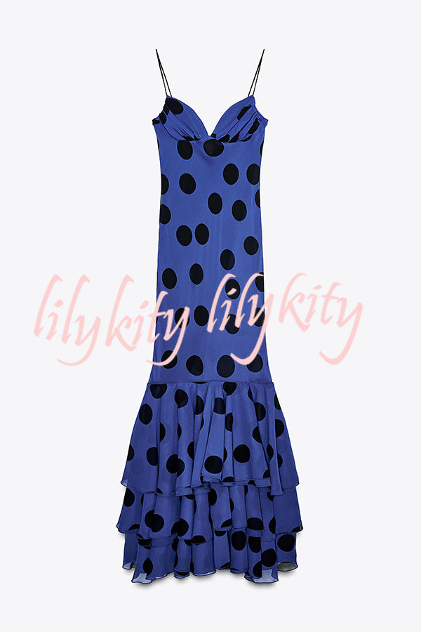 Eliora Mesh Polka Dot Print Gathered Bust Layered Fishtail Hem Maxi Dress