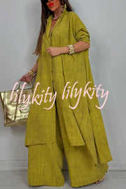 Solid Color Casual Loose Long Shirt and Elastic Waist Pocket Wide Leg Pants Set