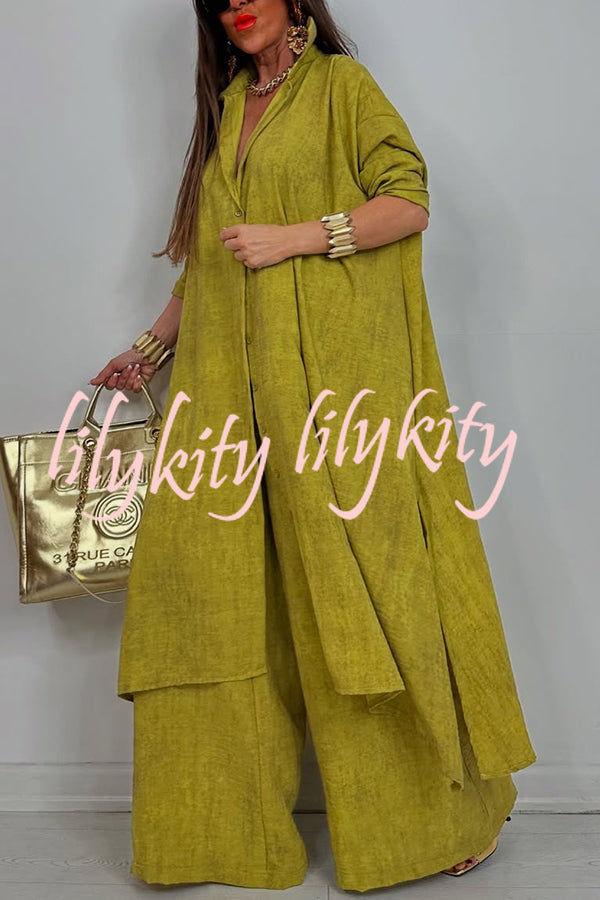 Solid Color Casual Loose Long Shirt and Elastic Waist Pocket Wide Leg Pants Set