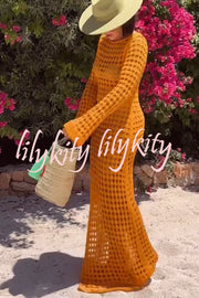 Sunny Beachside Crochet Knit Hollow Out Long Sleeve Cover-up Maxi Dress