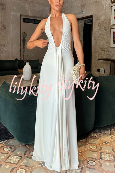 Sexy Silhouette Deep U-neck Halter Waterfall Sash Drape Maxi Dress