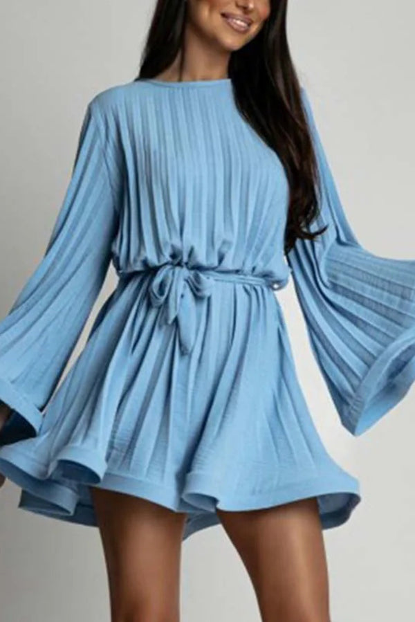 Fashion Bell Sleeve Loose Waist Tie Pleated Mini Dress