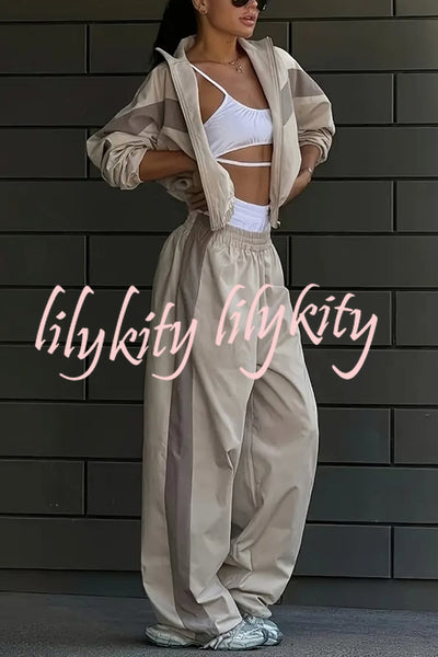Fashionable Contrasting Long-sleeved Loose Coat and Elastic Waist Wide-leg Pants Set