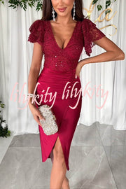 Dreamy Luxury Lace and Satin Patchwork Ruffle Sleeve Ruched Midi Dress