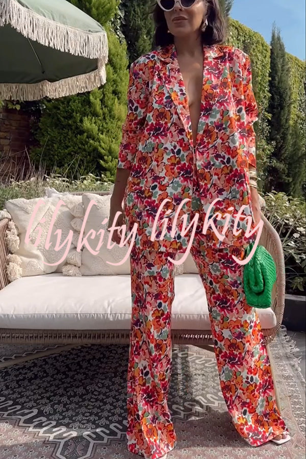 Full of Energy Flower Print Lapel Blazer and Elastic Waist Pocket Pleated Side Hem Pants Set