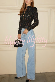 Fashion Hollow Lace Stand Collar Long Sleeve Slim Shirt