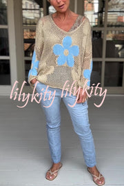 Embroidered Flower Hollow Long-sleeved Holiday Loose Knitted Top