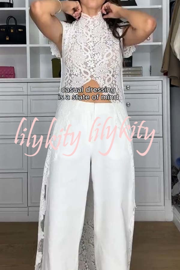 Elegant Personality Floral Lace Short Sleeve Front Slit Maxi Top