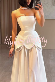 Jiya Satin Petal Hem Pearl Detail Chiffon Cape Strapless Maxi Dress