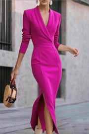 Solid Color Long-sleeved High-waist Slim-fit Slit Midi Dress