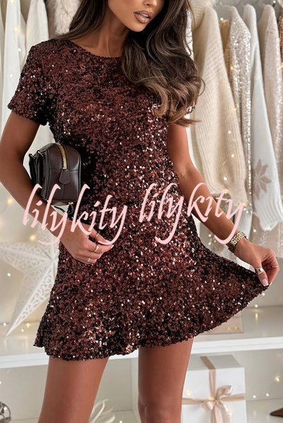 Midnight Fizz Sequin Short Sleeve Top and Elastic Waist Mini Skirt Set