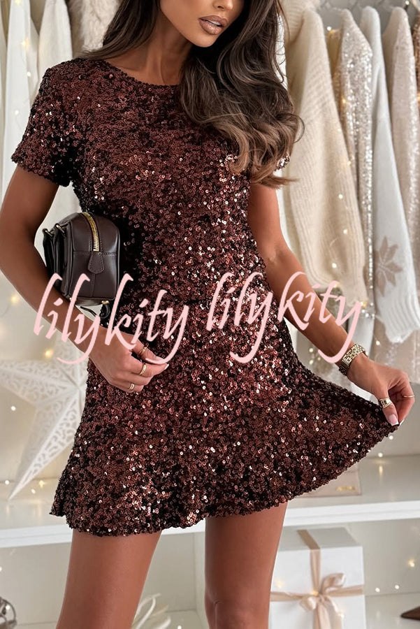 Midnight Fizz Sequin Short Sleeve Top and Elastic Waist Mini Skirt Set