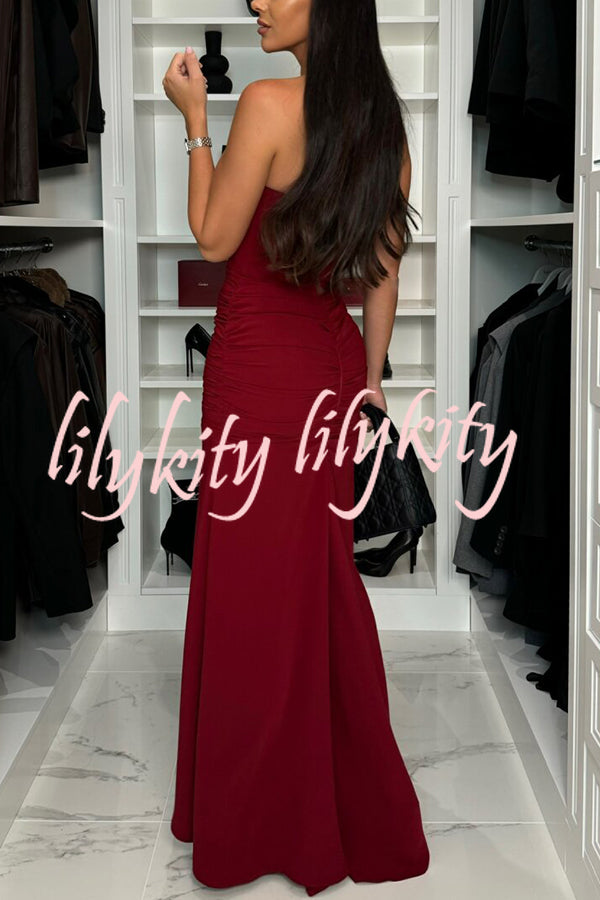 Miami Date Night Off Shoulder Drape Ruched High Slit Party Maxi Dress