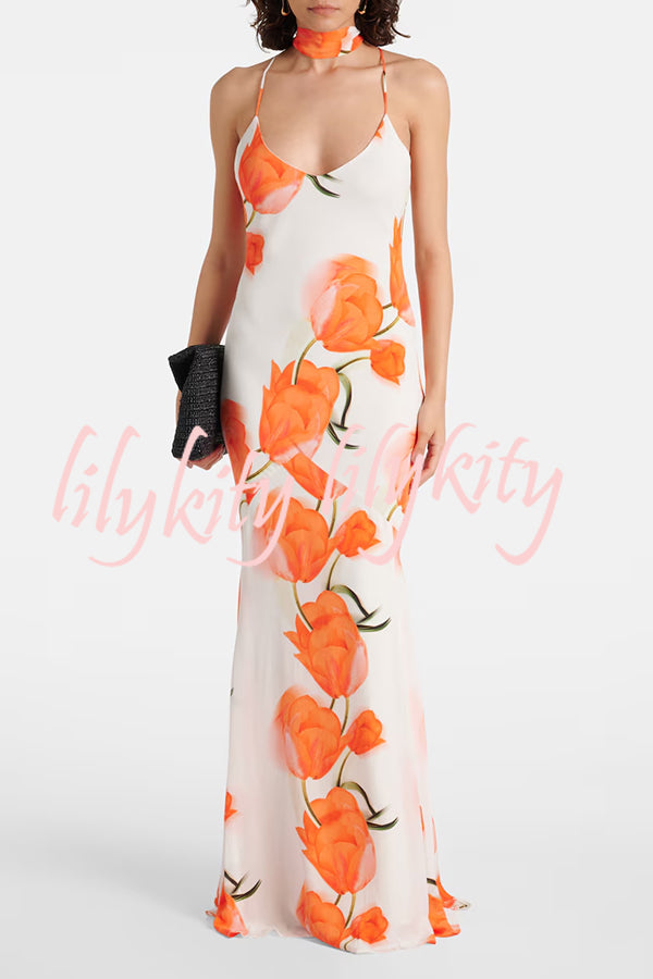 Charming Tulip Print Backless Crisscross Straps Flare Scarf Maxi Dress