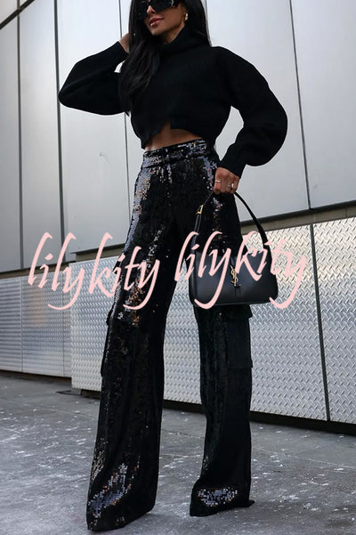 Night Gathering Sequin High Rise Pocketed Wide Leg Cargo Pants