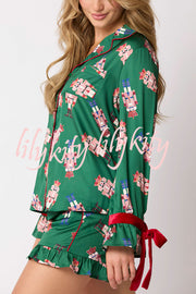 Christmas Fashion Printed Bow Tie Top and Elastic Waist Ruffle Shorts Set