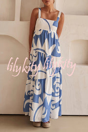 Bohemian Style Geometric Print Back Smocked Loose Maxi Dress