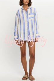 Stripe Print Lapel Long-sleeved Casual Shirt and Elastic Waist Loose Shorts Set