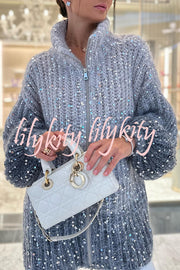 Warm Shining Heart Knit Sequin Balloon Sleeve Zipper Neck Loose Cardigan