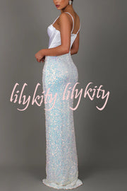 All about Glam Satin Corset Sequin Twist High Leg Split Maxi Dress