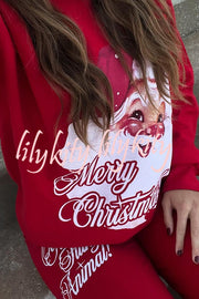 Christmas Santa Print Loose Round Neck Sweatshirt and Elastic Waist Casual Pants Set