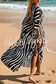 Simple Unique Printed Pleated Front Slit Cover Up