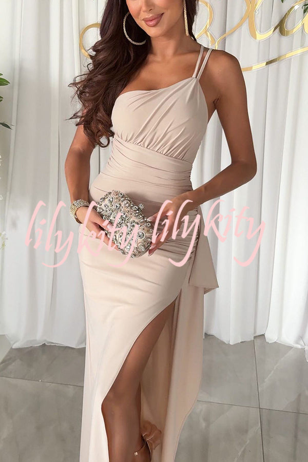 Party Love One Shoulder Ruched Waist Ruffle Slit Maxi Dress