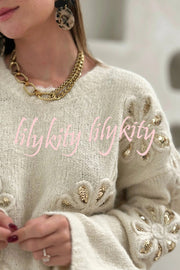 Fashionable Sequined Floral Loose Long-sleeved Knit Sweater