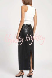 Classic Feel Faux Leather Mid Rise Pocket Slit Stretch Maix Skirt