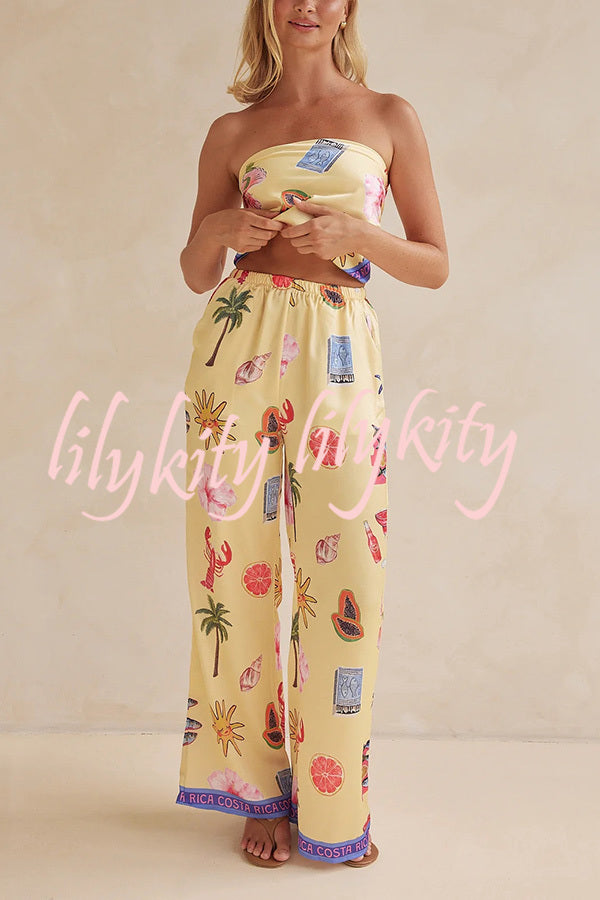 Linen Blend Unique Printed Bandeau Top and Elastic Waist Pocket Pants Set