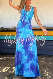 La Bamba Tie-dye Print Back Lace-up Stretch Maxi Dress