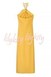 Fashionable Beaded Large Flower Decoration Halter Neck Backless Maxi Dress