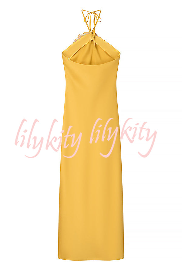 Fashionable Beaded Large Flower Decoration Halter Neck Backless Maxi Dress