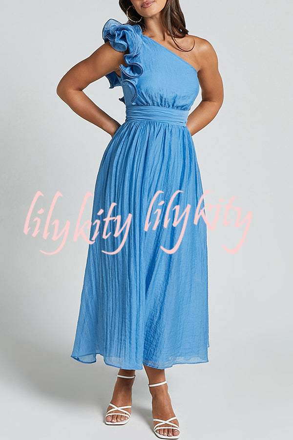 Romantic Seaside One Shoulder Frill Detail Sleeve Layered Midi Dress