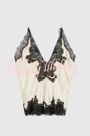 Party Focus Contrast Color Satin Lace Trim V-Neck Slip Tank