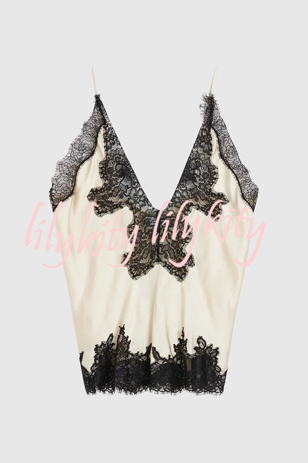 Party Focus Contrast Color Satin Lace Trim V-Neck Slip Tank