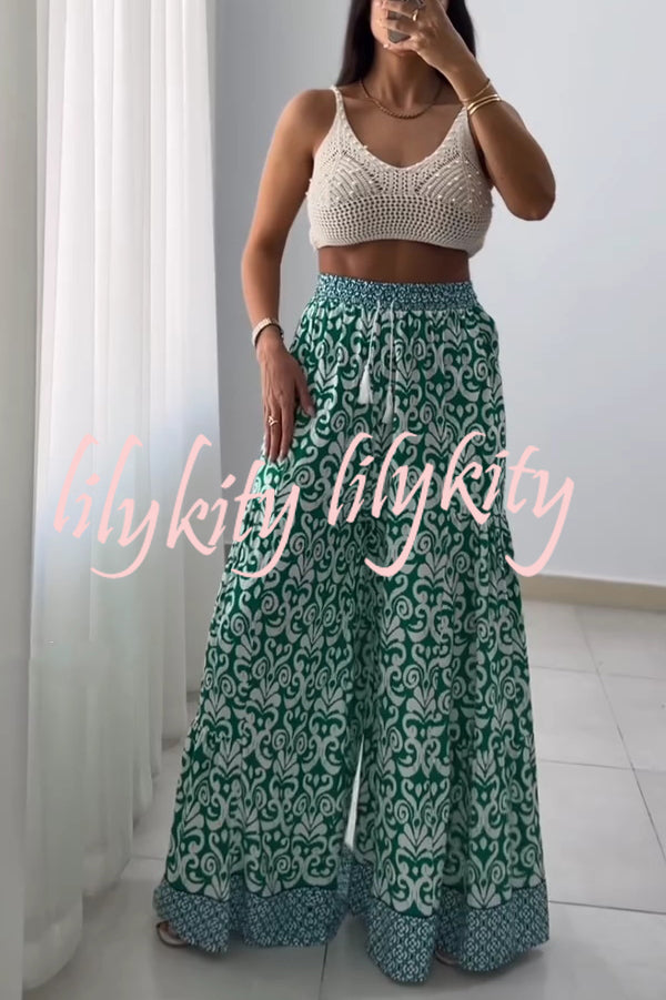 Unique Print Elastic High Waist Tie Pocket Wide Leg Pants