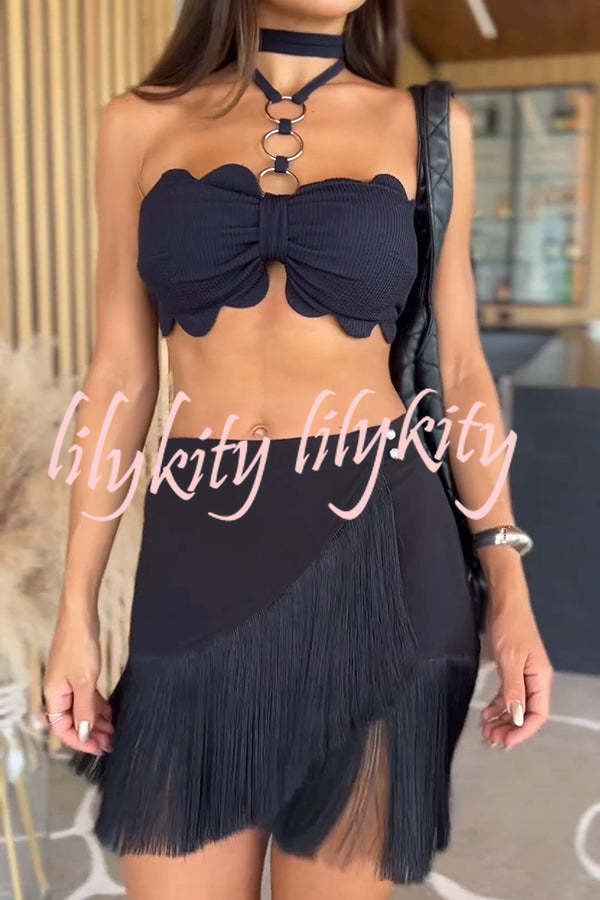 Solid Color Halter Neck Tassel Skirt Stretch Two-piece Bikini Swimsuit